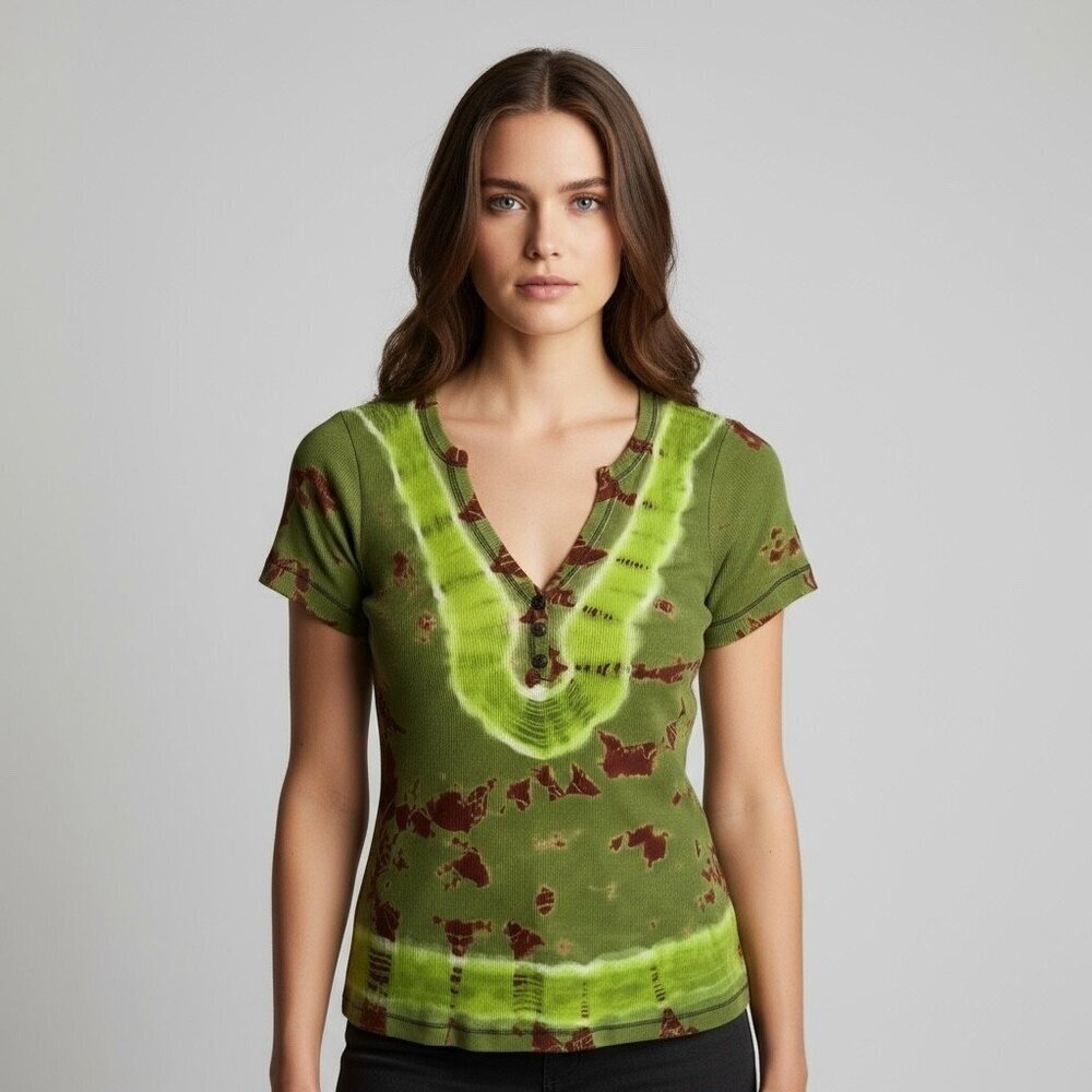 Vintage Y2K Me & Ko Green Brown Tie-Dye Henley Tee Size Large 100% Cotton Top